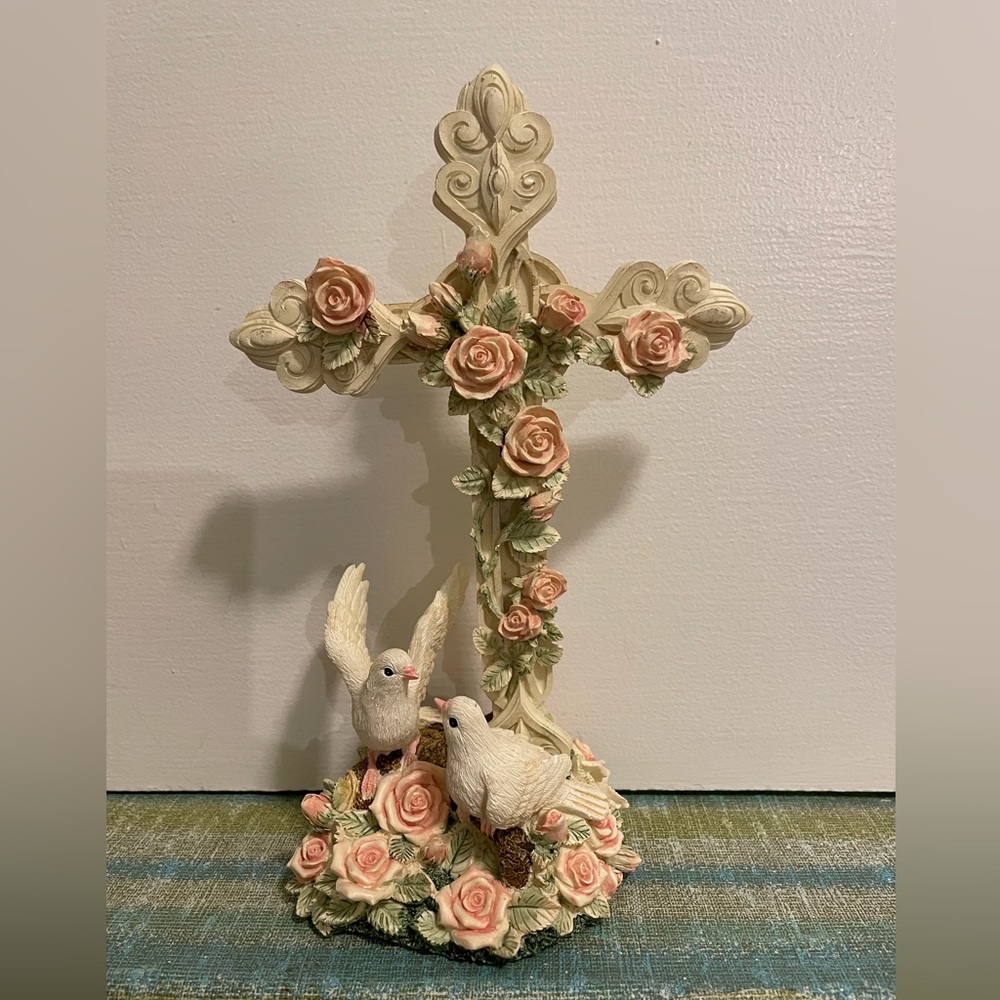 NIB 2 Piece Handpainted Cross with Doves Base